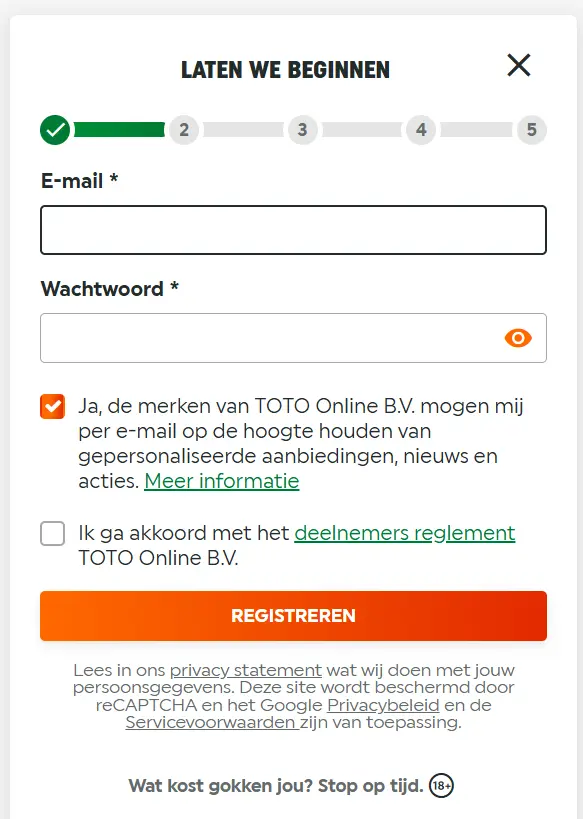 De eerste stap van de registratie