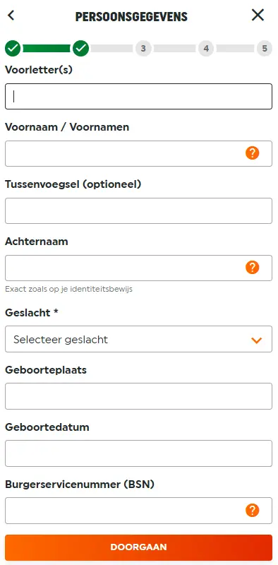 Persoonsgegevensformulier tijdens registratie